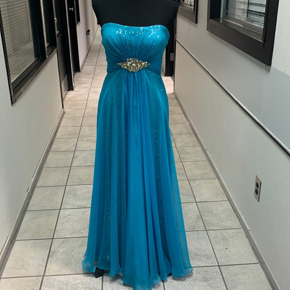 Lafemme Paris Prom Dress Strapless Aqua with Gold Gems size 8